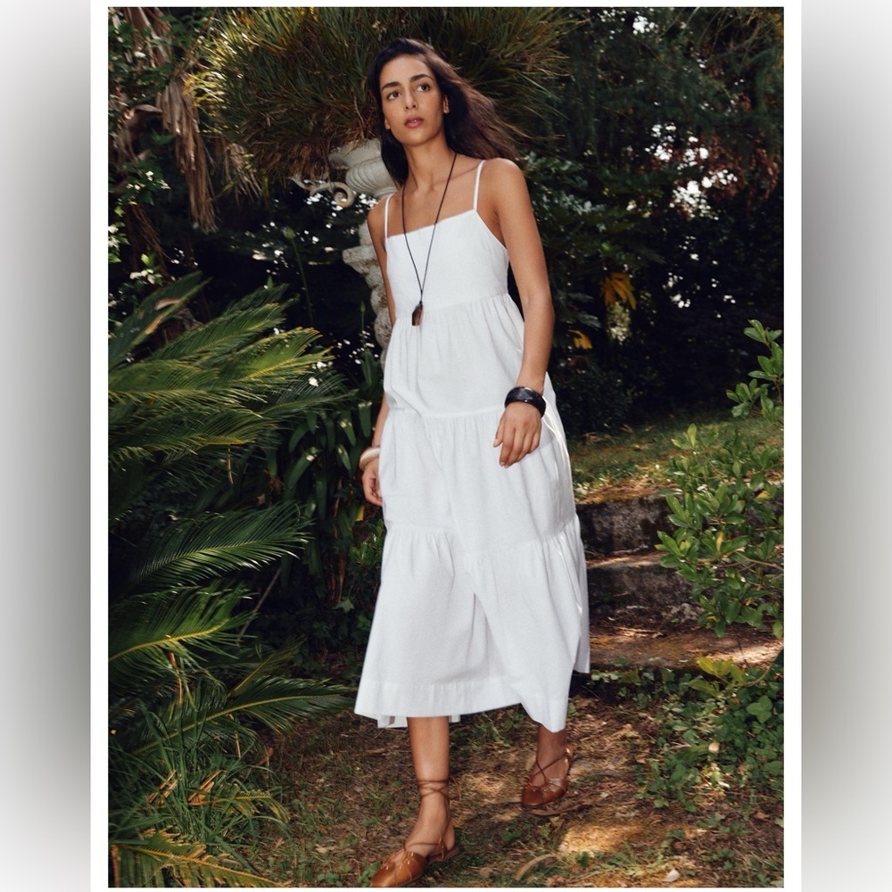 Zara White Poplin Tiered Maxi Dress - Open Back Tie - Size L